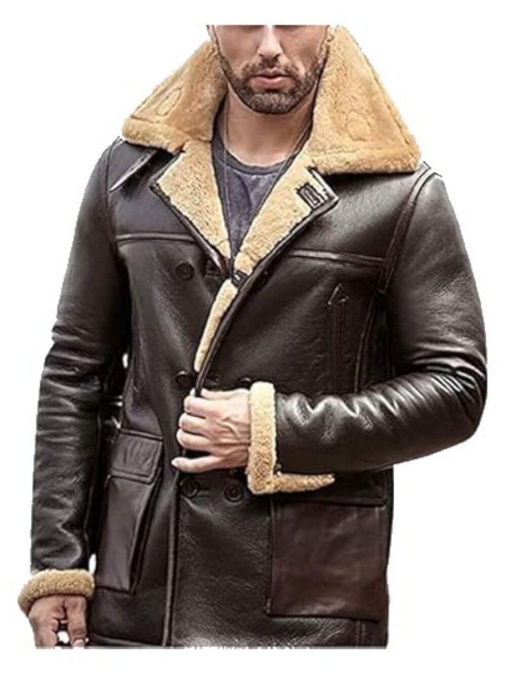 Men's B3 Genuine Leather Ginger Brown Aviator Coat Shearling Bomber Fur Jacket